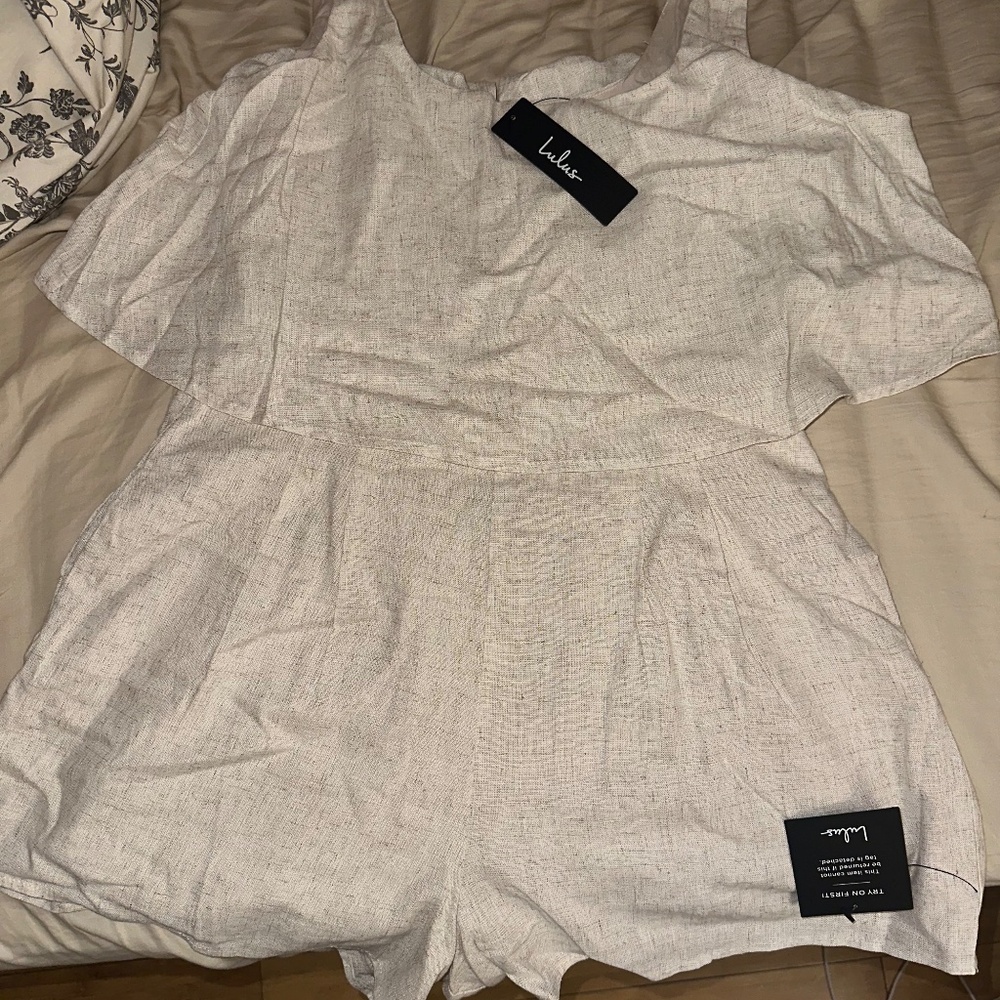 Lulus Effortless Escape Beige Linen Sleeveless Flounce Romper - Size M - Picture 2 of 2